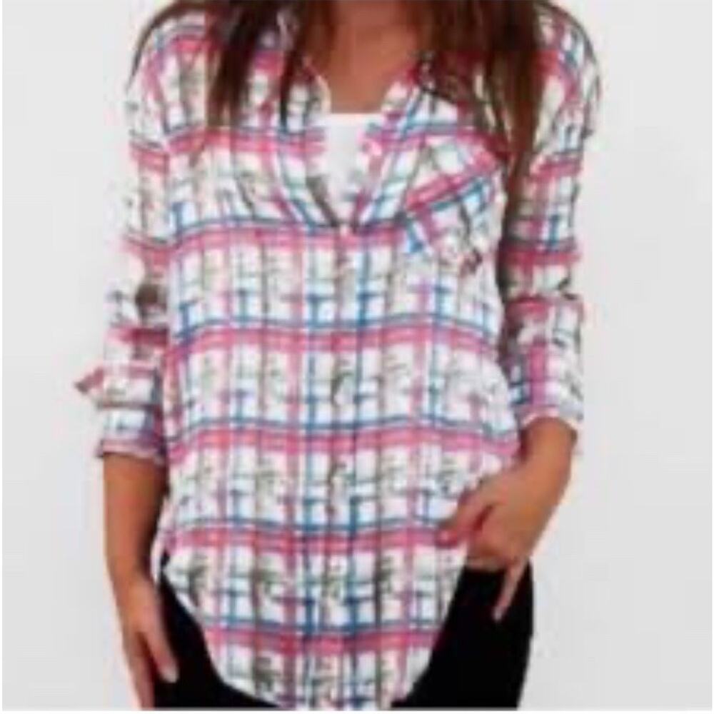 We The Free Women's Button Down Shirt Pink Blue Plaid Top Medium Long Sleeves